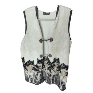 Faux Fur Vest with Wolf Design Vintage Made In Quebec‎ Canada